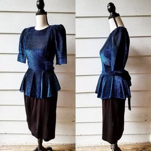 1980s Blue Metallic Dress with Peplum || Glam || XSmall - Small